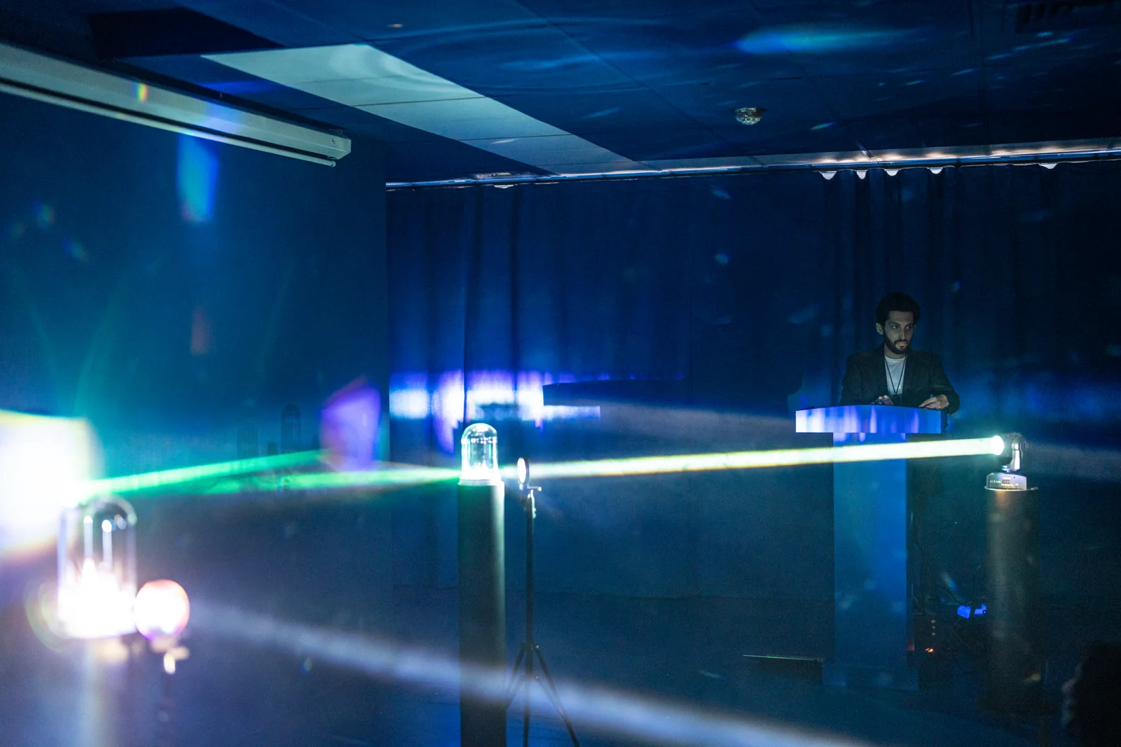 Coloured light reflected around the studio.